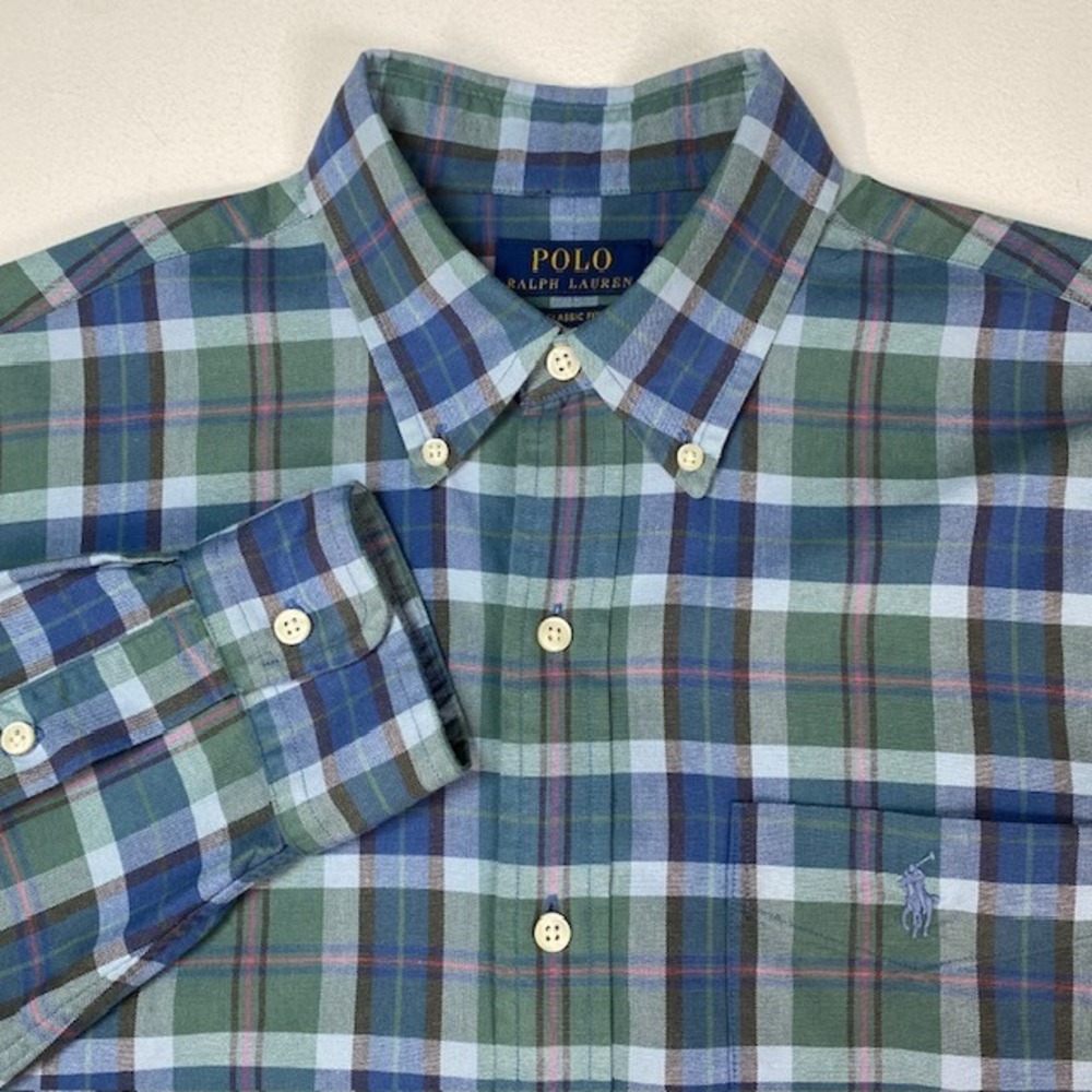 Polo Ralph Lauren Mens Classic Fit‎ Plaid Button Down Shirt Green Blue Size M